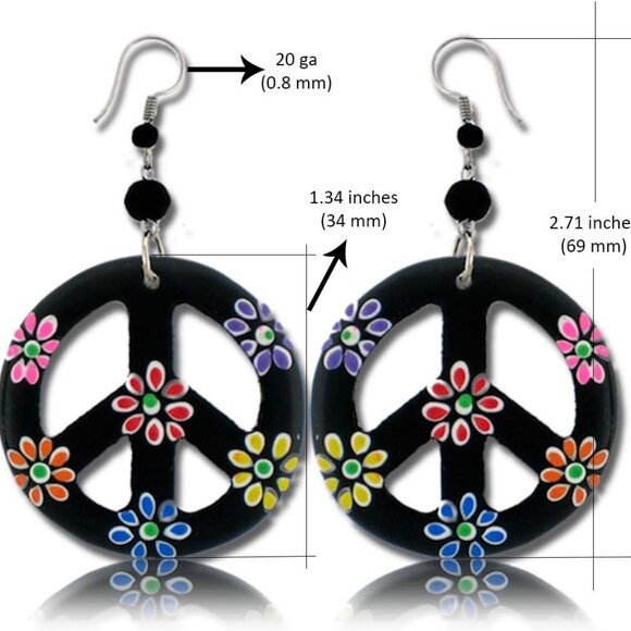 Wood Peace Sign Dangle Earrings Boho Festival Hippie Jewelry for Women - Picture 2 of 6